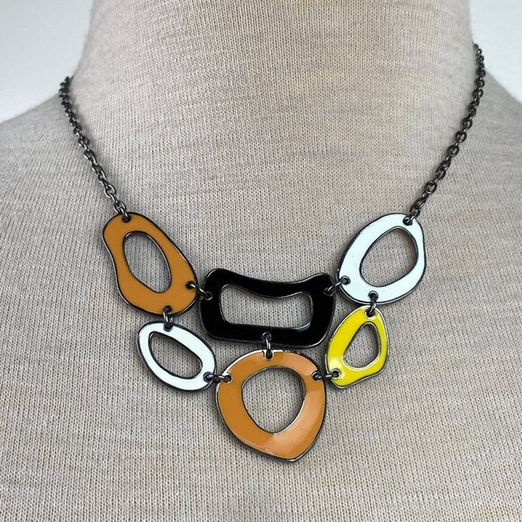 Statement Necklace Ochre Mustard Yellow Black & White Trendy Mod Necklace - Picture 1 of 5